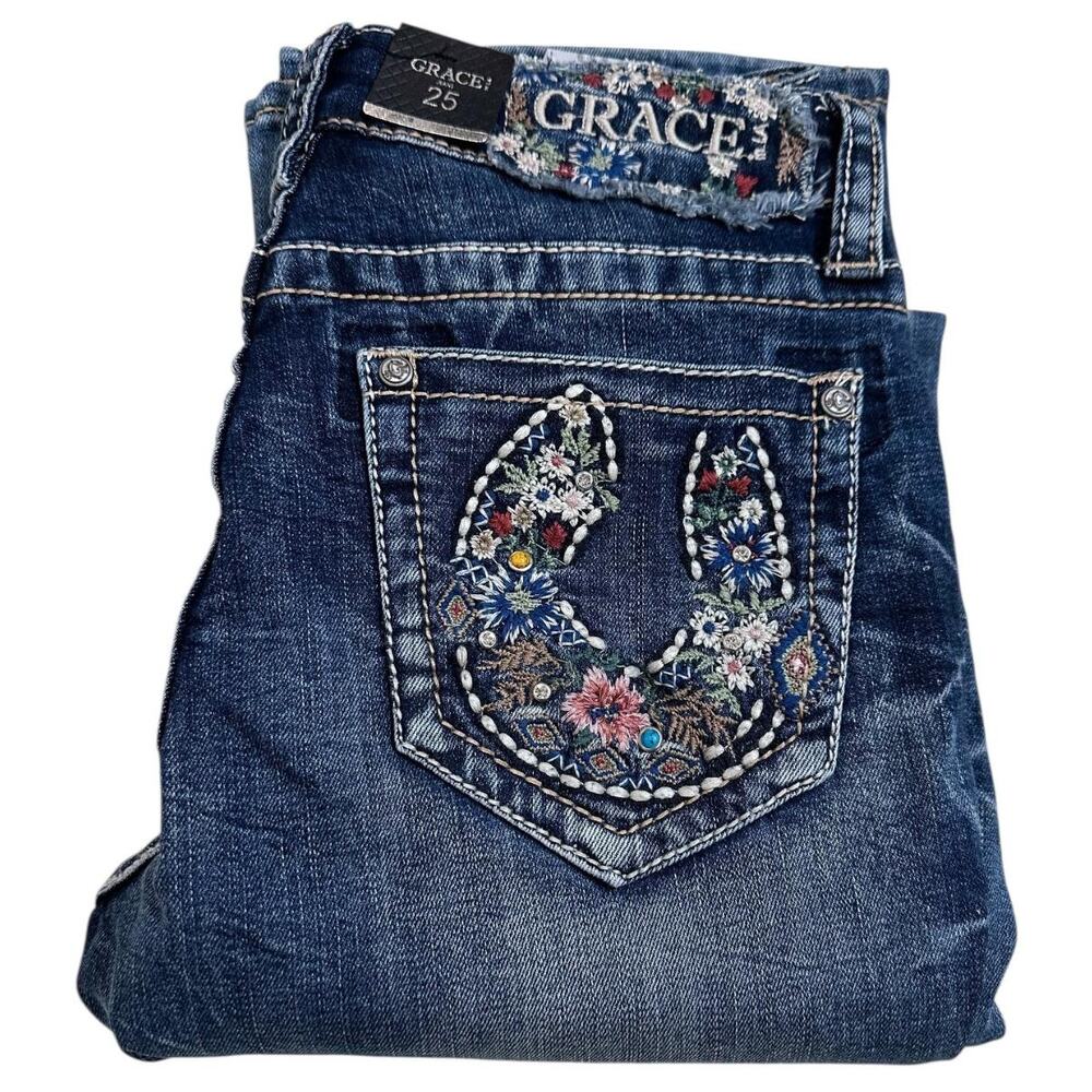 Grace in LA Women's Horseshoe Floral Embroidered Bootcut Stretch Jeans - Picture 3 of 3